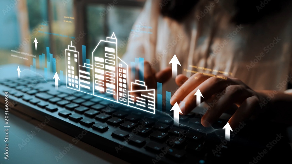 Naklejka premium Businessperson Typing on Keyboard with Digital Growth Graphs and City Skyline Overlay Representing Tech Innovation and Economic Development Gluon.