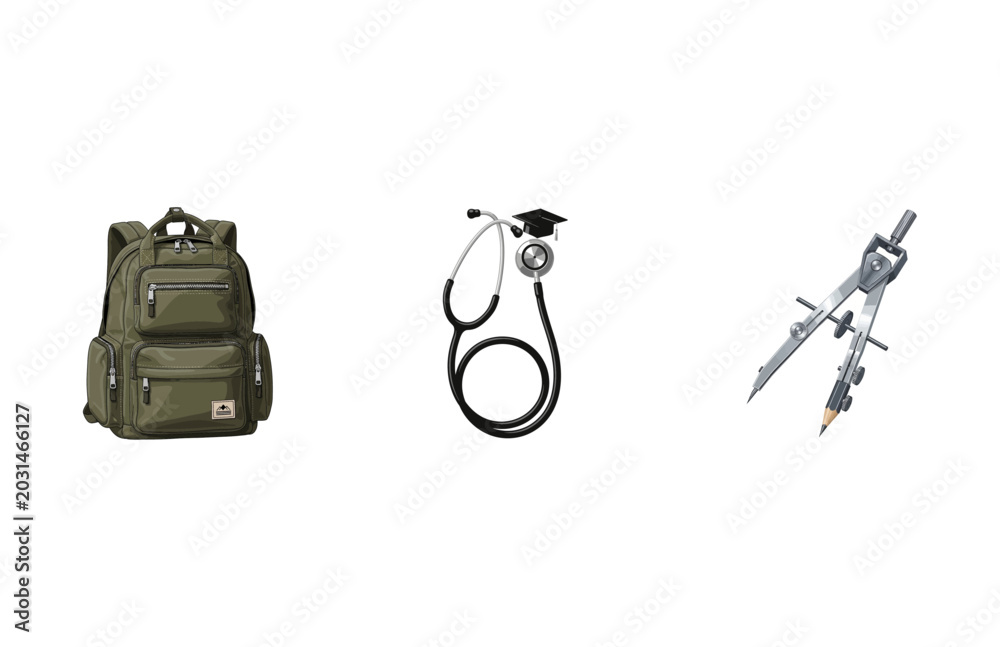 Fototapeta premium Diverse academic tools a student backpack, medical stethoscope, and geometric compass