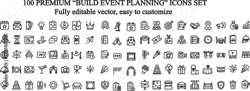Professional Build Event Planning Icons Set – Construction & Project Management Line Vector Collection.perfect for web, mobile apps, presentations, branding, UI/UX, infographics, and  others projects