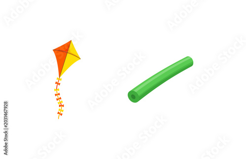 Photos A colorful kite and a green pool noodle on a white background