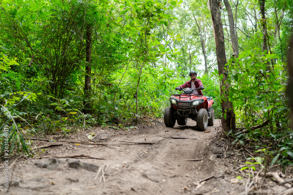 Fototapeta premium Riding an ATV on a dirt trail in the forest with trees and greenery around during the day