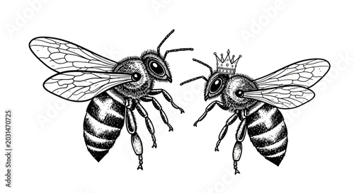 Принти на полотні Two bees, one wearing a crown, hand-drawn illustration on white background