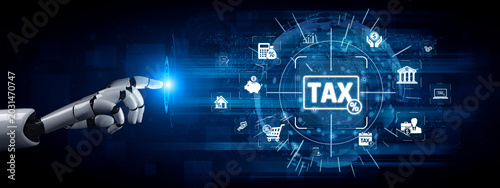 Konstfotografi Futuristic Robotic Hand Interacting with Tax Icons in a Digital Environment Repr