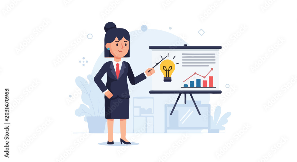 Obraz premium A professional businesswoman in a navy suit stands next to a presentation board, pointing to a glowing lightbulb idea and growth charts.