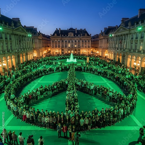 People gathering in a human peace symbol formation in a city square at night.