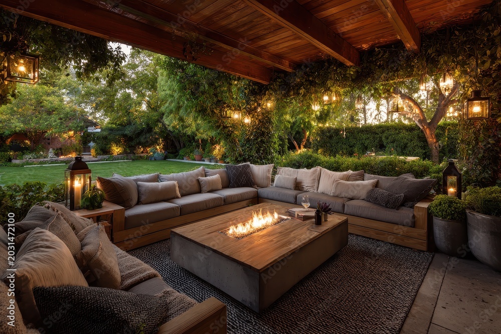Fototapeta premium Evening Oasis: Spacious Outdoor Patio with Cozy Seating, Fire Feature, and Ambient Lighting