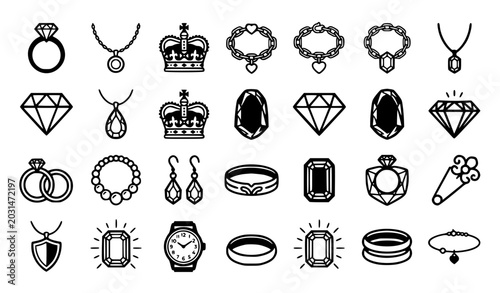 Fotografie Black and white jewelry icon set with rings diamonds necklaces and luxury access