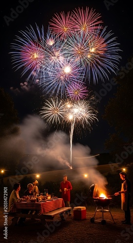 People enjoying a backyard barbecue picnic under a spectacular fireworks display at night.