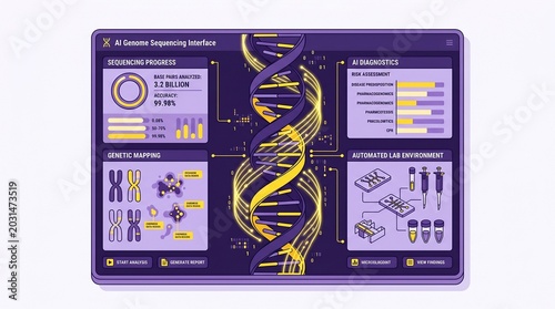 AI Genome Sequencing Interface, a futuristic genetic analysis dashboard with DNA helix, chromosomes, and lab equipment. Modern biotechnology and scientific research vector illustration.