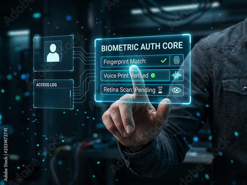 Technician performs multi factor biometric authentication involving fingerprint match and voice print verification on holographic access control panel in secure high tech facility entrance.