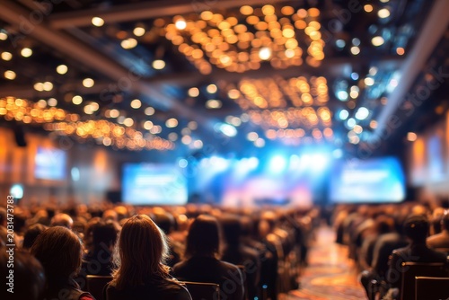 Abstract blur of a conference hall with soft silhouettes of attendees and stage lighting