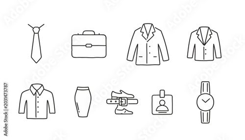 Business office attire and accessory vector line icons illustration