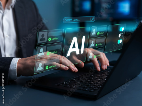 Businessman using artificial intelligence search tool on laptop computer with verified user profiles and switch toggles for advanced profile management and identity verification solutions.
