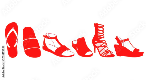 Tableau sur toile Collection of Red Summer Women's Footwear on White Background
