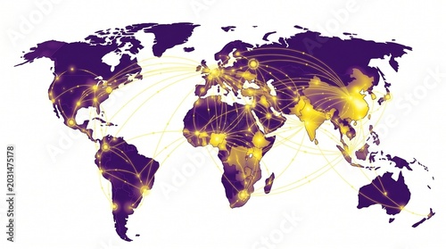 Global network map illustration, interconnected world showing data flow and communication, international business and technology concept, digital connectivity and worldwide collaboration