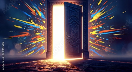 Open door with bursting colorful light and abstract energy explosion in dark mysterious space concept for opportunity and new beginnings