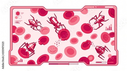Nanobots attacking red blood cells, a futuristic medical illustration of microscopic robots fighting disease, advanced biotechnology and nanotechnology in human bloodstream