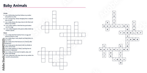 Tableau sur toile Vocabulary Crossword Game – Baby Animals Printable Word Puzzle for Kids