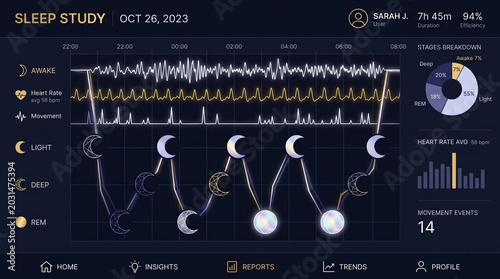 Sleep Study Dashboard Interface, detailed sleep tracking data visualization with heart rate and movement, modern UI/UX design for health monitoring applications, dark mode digital display.