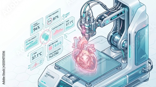 Bioprinting human heart illustration, 3D printing organ, advanced medical technology, futuristic healthcare research, regenerative medicine concept