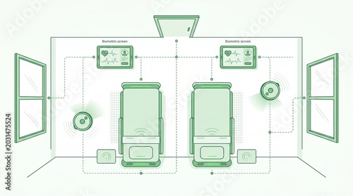 Modern hospital room illustration, two patient beds with medical monitoring equipment, healthcare technology, and patient care systems, minimalist green and white design for medical