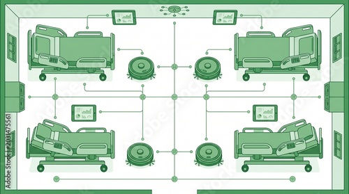 Smart hospital room illustration, green monochromatic medical facility, automated healthcare technology, connected patient care system, futuristic hospital ward design