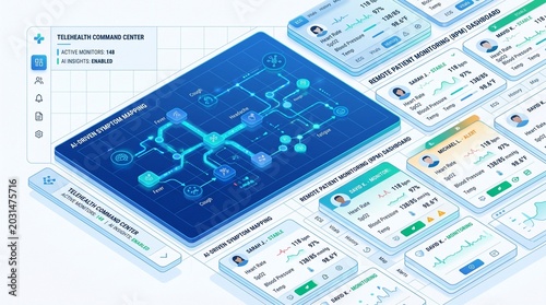 Telehealth dashboard concept, remote patient monitoring app interface, digital healthcare technology, medical data management system, modern isometric vector illustration