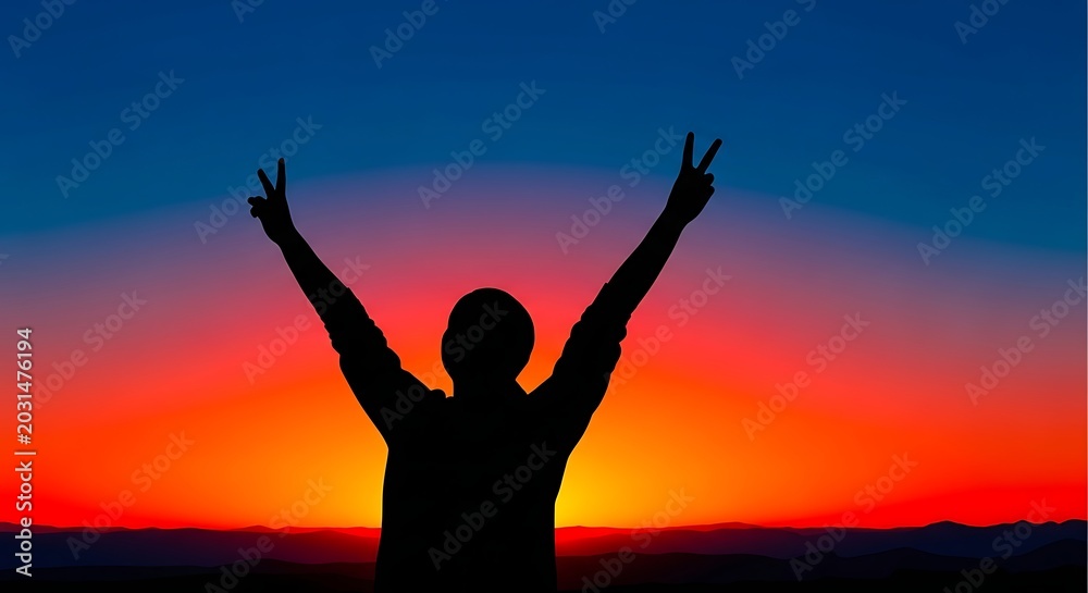 Fototapeta premium Silhouette of a person with arms raised in triumph at sunset with vibrant orange and blue sky