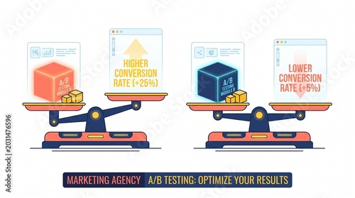 A/B Testing Marketing Agency Illustration, Higher and Lower Conversion Rate Comparison, Optimize Your Results. Digital Marketing Strategy, Business Analytics