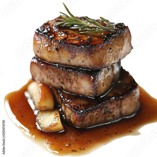 Seared pork medallions stacked elegantly with a rich balsamic glaze reduction and rosemary herb garnish
