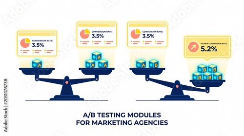A/B Testing Modules for Marketing Agencies, visual comparison of data analytics and performance metrics, business strategy and optimization illustration