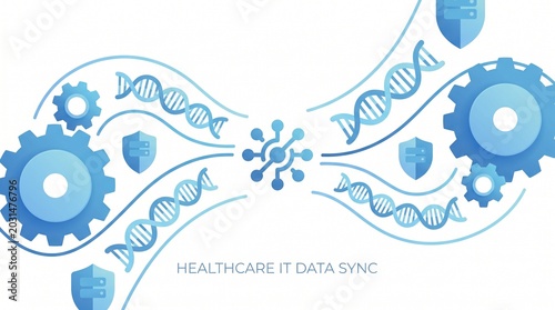 Healthcare IT Data Sync illustration, medical technology data transfer, secure health information exchange, digital healthcare network, blue gradient vector graphic.