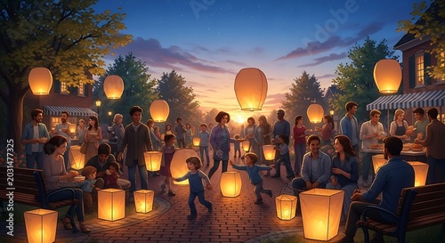 People Enjoying a Magical Evening Festival with Floating Sky Lanterns.