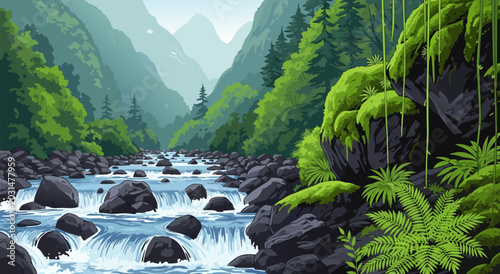 Tableau sur toile Serene Mountain River Flowing Through Lush Green Forest - Vector Illustration
