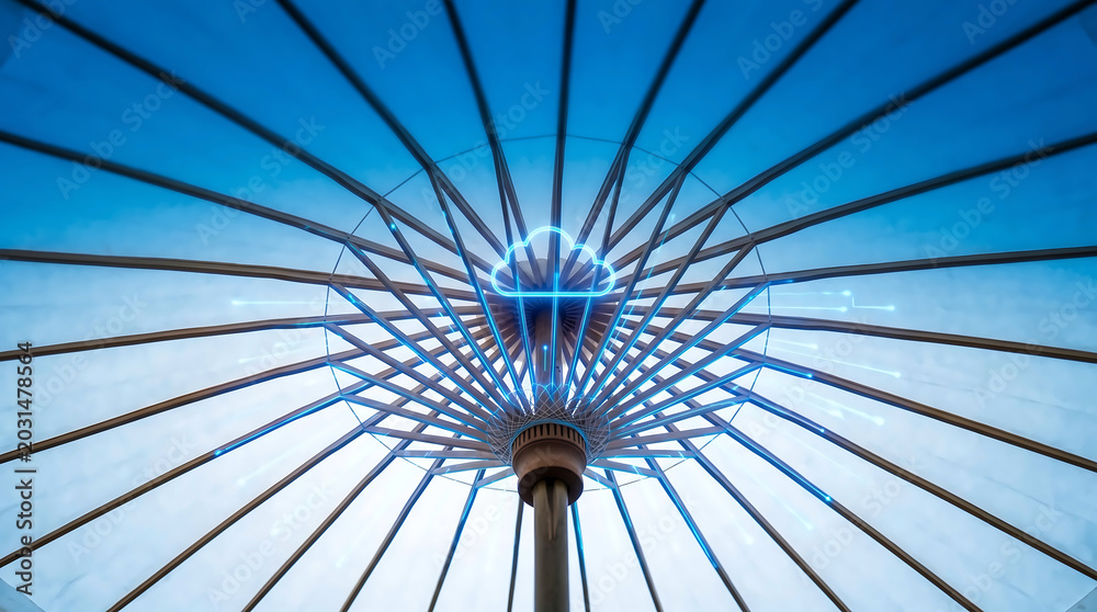 Fototapeta premium Traditional Paper Umbrella Spokes Radiating a Glowing Digital Cloud Computing Network