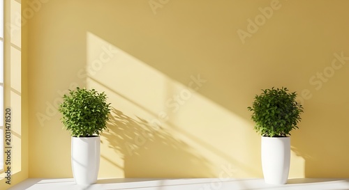 Minimalist Interior with Yellow Wall Two Potted Plants and Sunlight Shadows