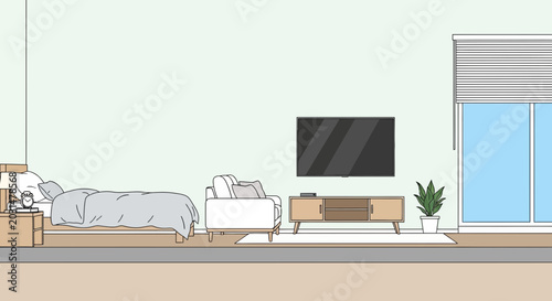 Bild auf Leinwand Modern bedroom and living area with TV, sofa, bed, and window