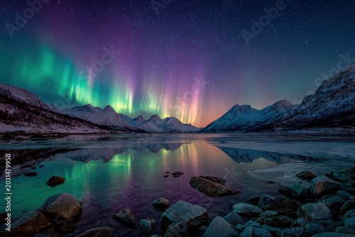 Calm fjord scene illuminated by aurora borealis and starry sky
