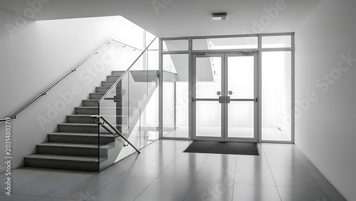 Modern Minimalist Building Interior with Concrete Stairs and Glass Doors