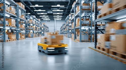 Automated guided vehicle moves boxes in a modern, high-tech warehouse with rows of shelves