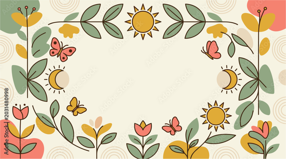 Obraz premium Floral border frame with butterflies and suns vector illustration