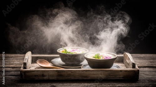 Two steaming bowls of prepared food rest upon a rustic wooden serving tray against a dark background.