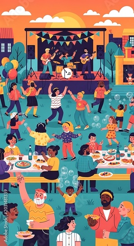 People Enjoying an Outdoor Summer Festival with Live Music and Food.