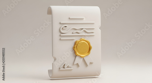 3D Render of a Vintage Certificate with Golden Seal and Ribbon.