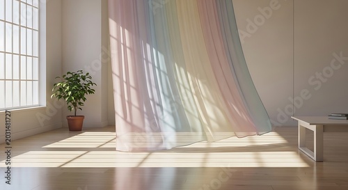 Pastel rainbow curtain blowing in the wind in a bright minimalist room