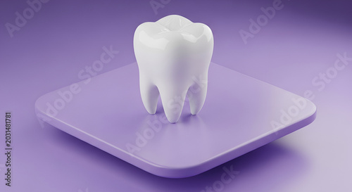 A Realistic 3D Render of a Healthy Human Tooth on a Purple Plate.
