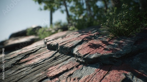 Rough, weathered natural stone surface displays textured striations with hints of reddish mineral deposits under bright daylight.