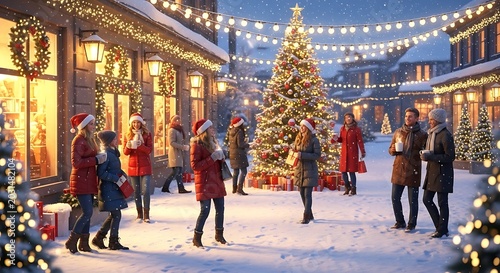 People Enjoying Christmas Holiday Atmosphere in a Decorated Snowy Village Square.