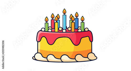 Foto Birthday Cake with Colorful Candles Lit Up, Celebration Dessert