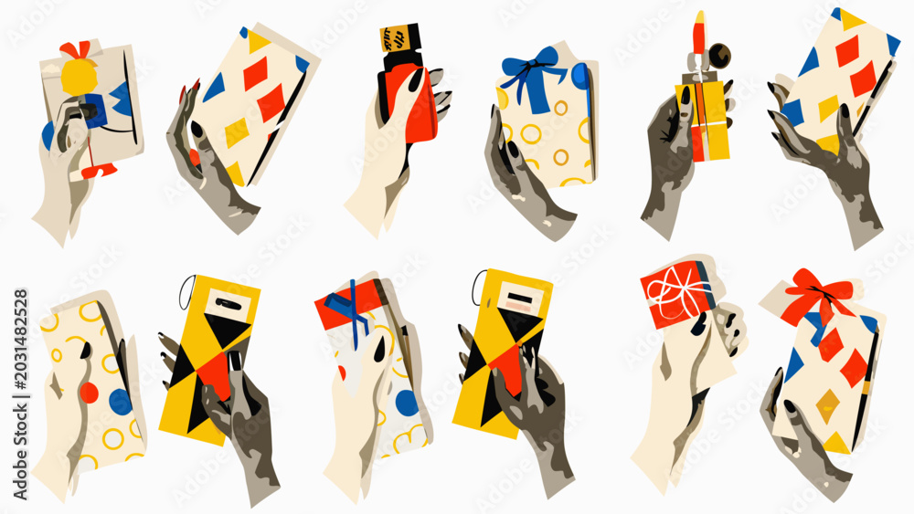 Fototapeta premium Flat vector collage of hands holding colorful gift boxes and presents with ribbons and bows on white background